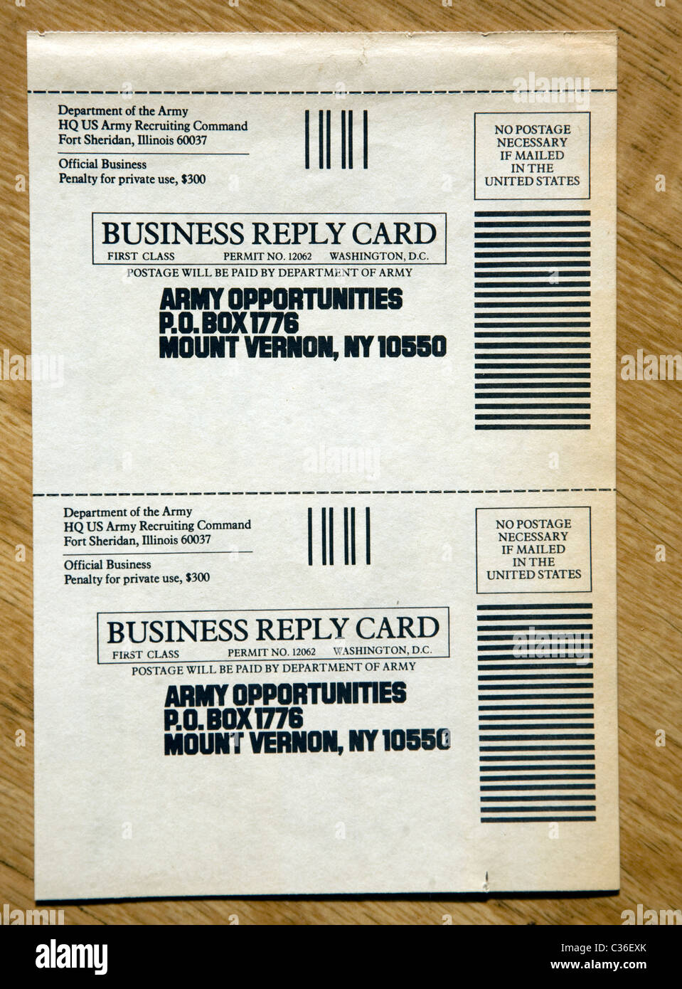 Carte-réponse d'affaires USA annonce le recrutement de l'armée de 1970 militaires américains Banque D'Images