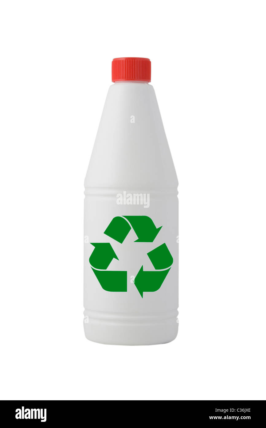 Bouteille blanche, le produit de nettoyage avec signe de recyclage Banque D'Images