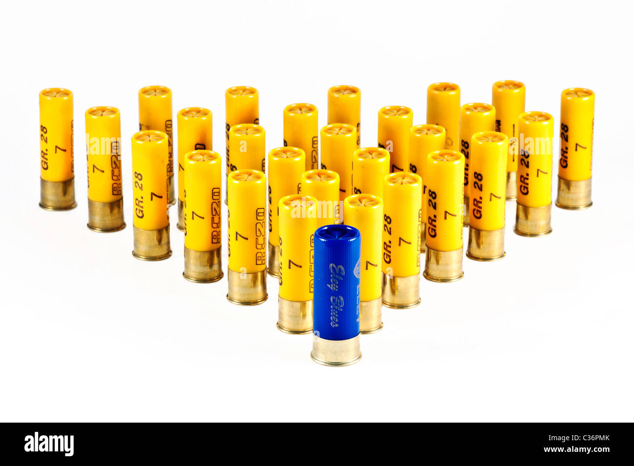 Une seule cartouche de fusil alésage 12 bleu en face de 20 cartouches jaune alésage.Ne jamais mélanger les deux. Banque D'Images