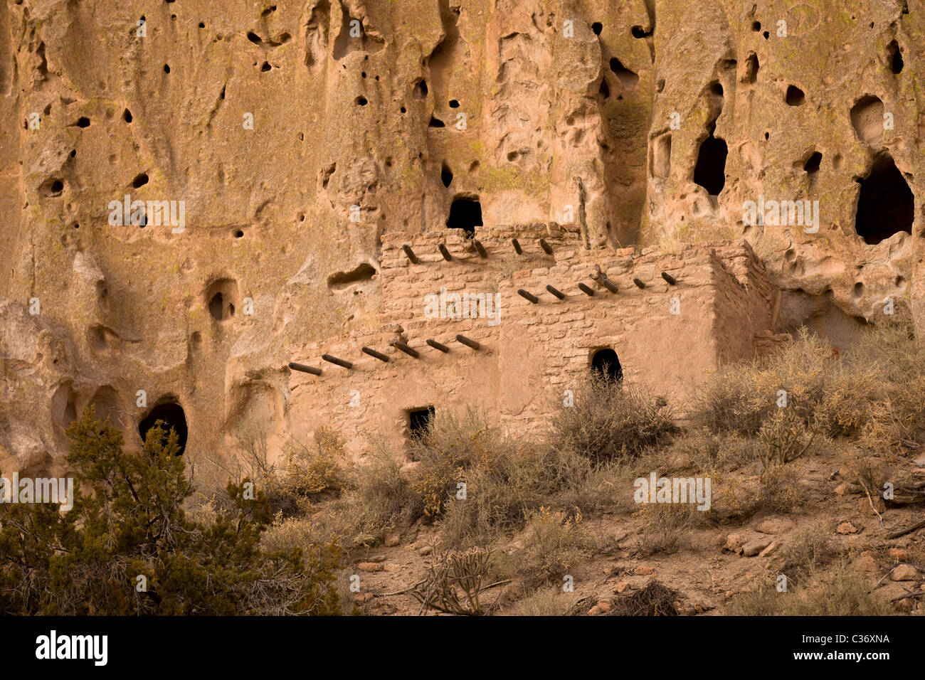 L'une des maisons d'éboulis, Autochtone américain cliff en séjour à Bandelier National Monument à New Mexico, USA. Banque D'Images