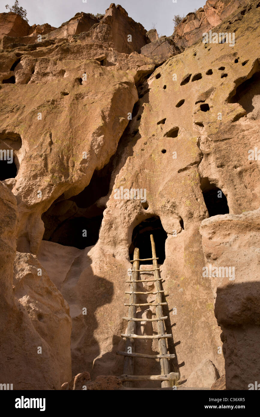 Échelle en bois menant à l'Astragale Maisons, Native American cliff en séjour à Bandelier National Monument à New Mexico, USA. Banque D'Images