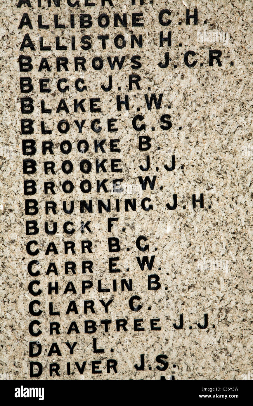 Noms énumérés décès mémorial de la première guerre mondiale Banque D'Images