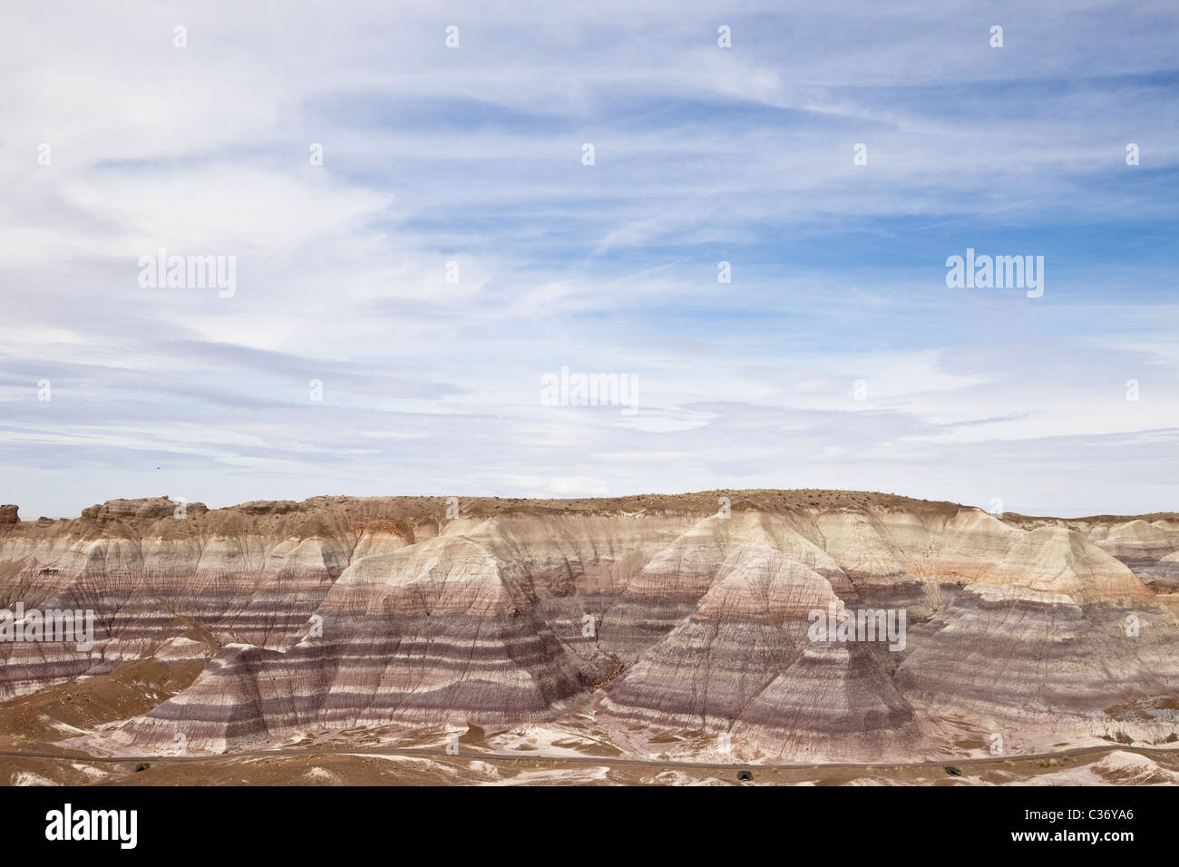 L'érosion de couches sédimentaires forment une tendance frappante à la Blue Mesa dans le Parc National de la Forêt Pétrifiée, Arizona, USA. Banque D'Images