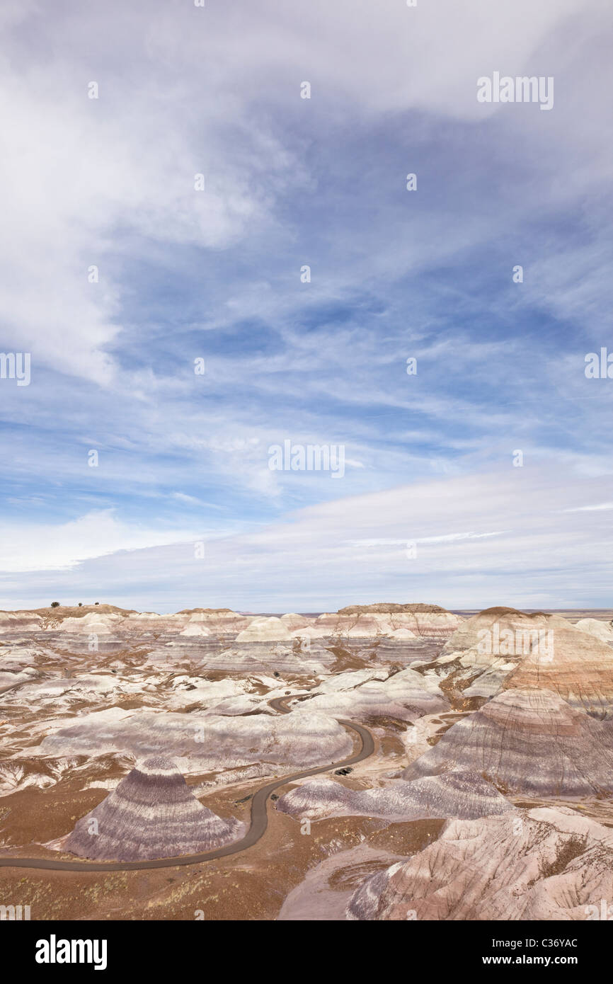 L'érosion de couches sédimentaires forment une tendance frappante à la Blue Mesa Domaine du Parc National de la Forêt Pétrifiée, Arizona, USA. Banque D'Images