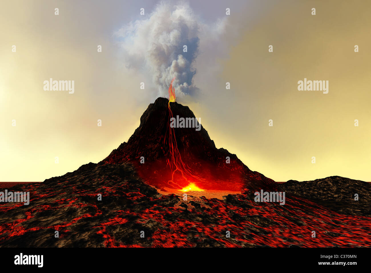 Un volcan crache hors sex lave rouge et de la fumée. Banque D'Images