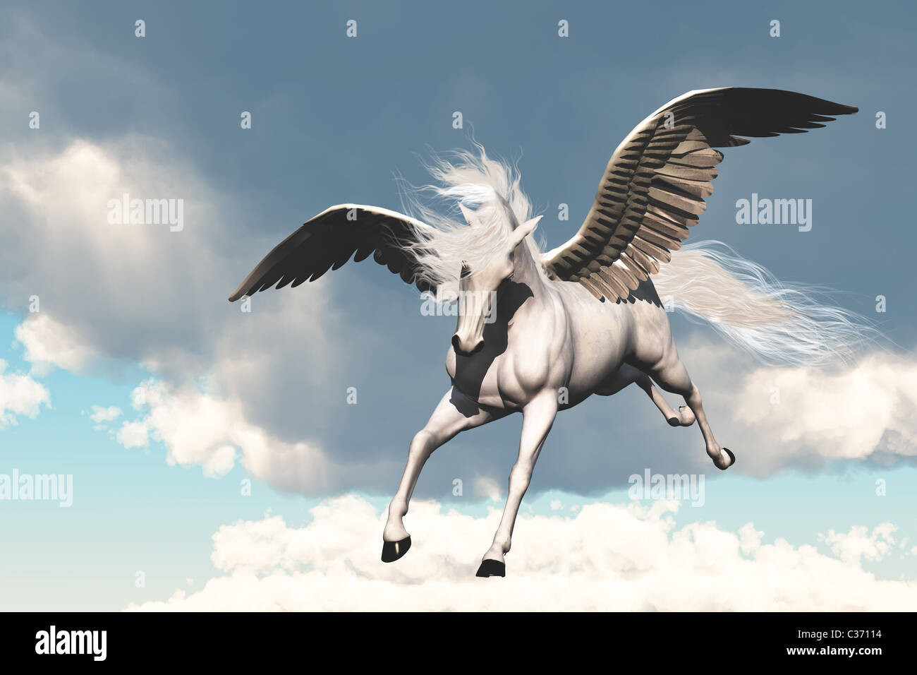 La créature de l'ancienne fable et mythe, un magnifique cheval blanc volant. Banque D'Images