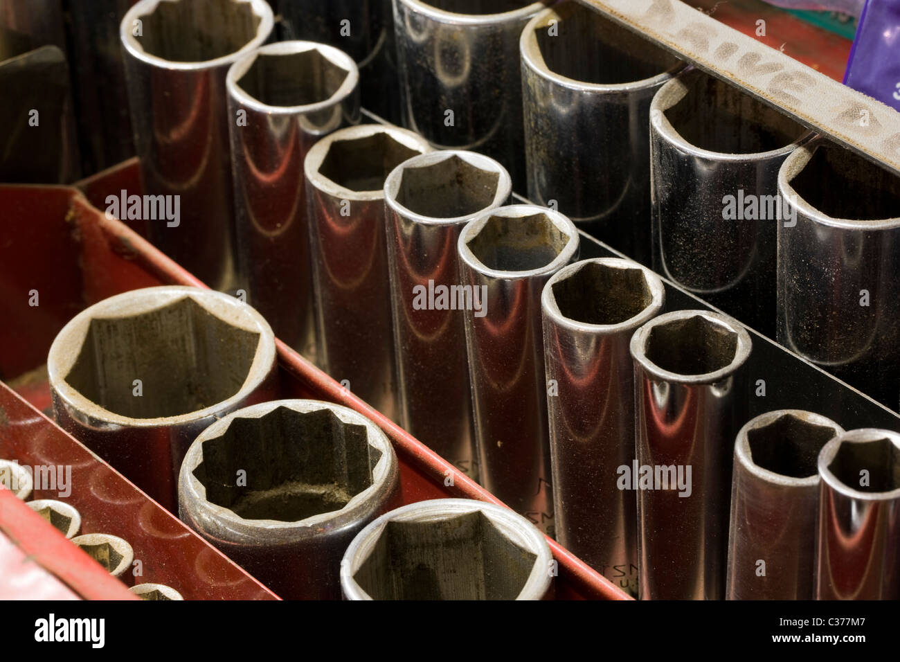 Close-up macro photographie d'un outils de mécanicien dans une boîte à outils Banque D'Images
