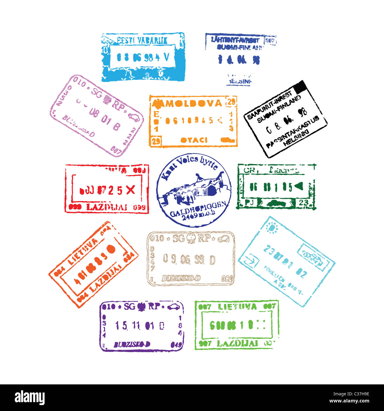 Timbres de passeport en couleur de fond de votre conception Banque D'Images