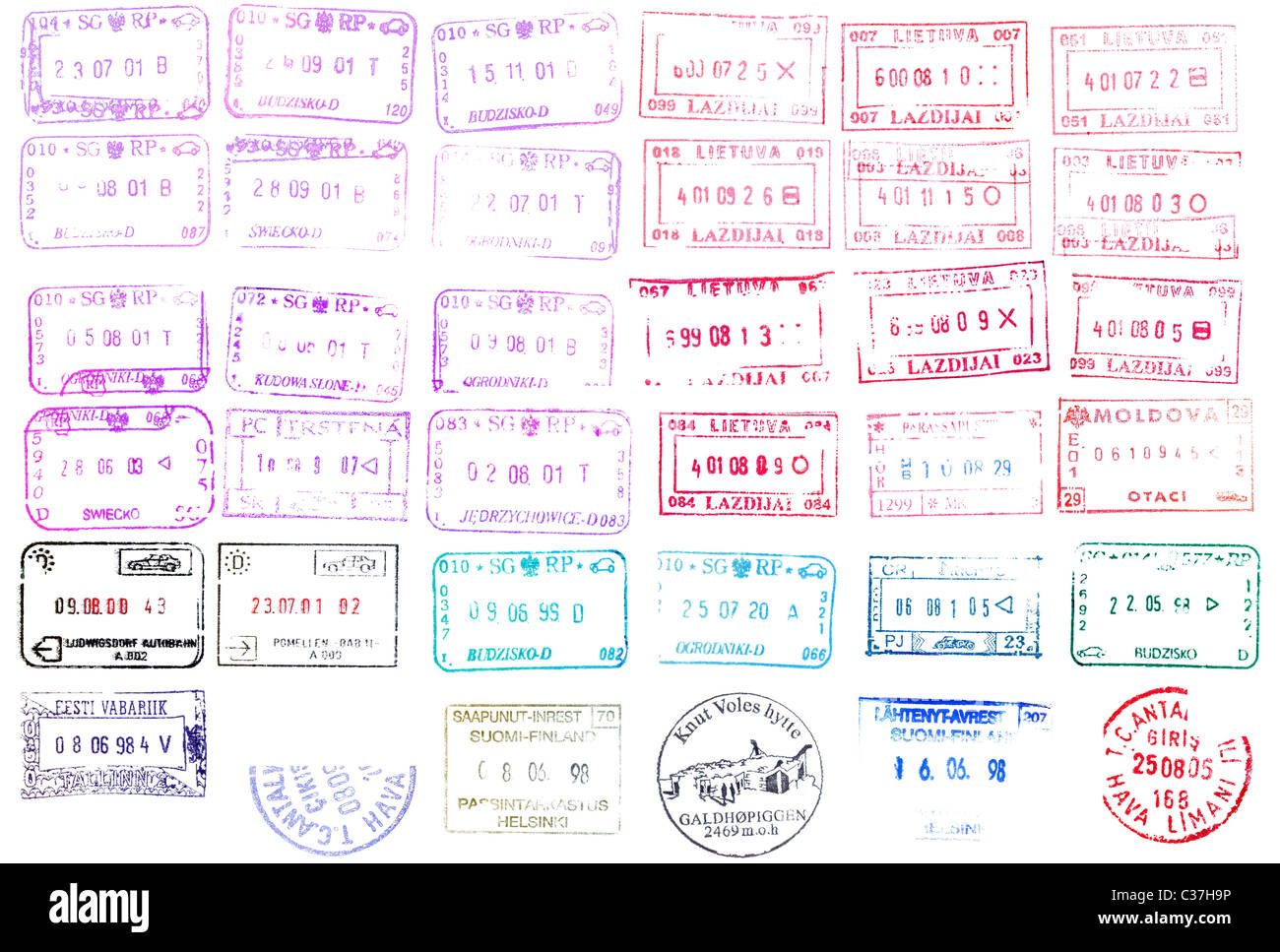 Timbres de passeport en couleur de fond de votre conception Banque D'Images