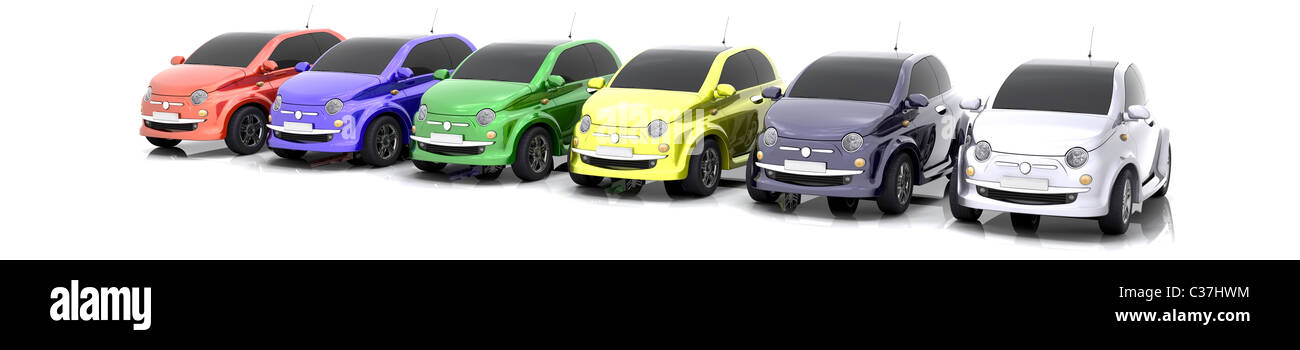 Les voitures de couleur 3D en vente isolated over white Banque D'Images