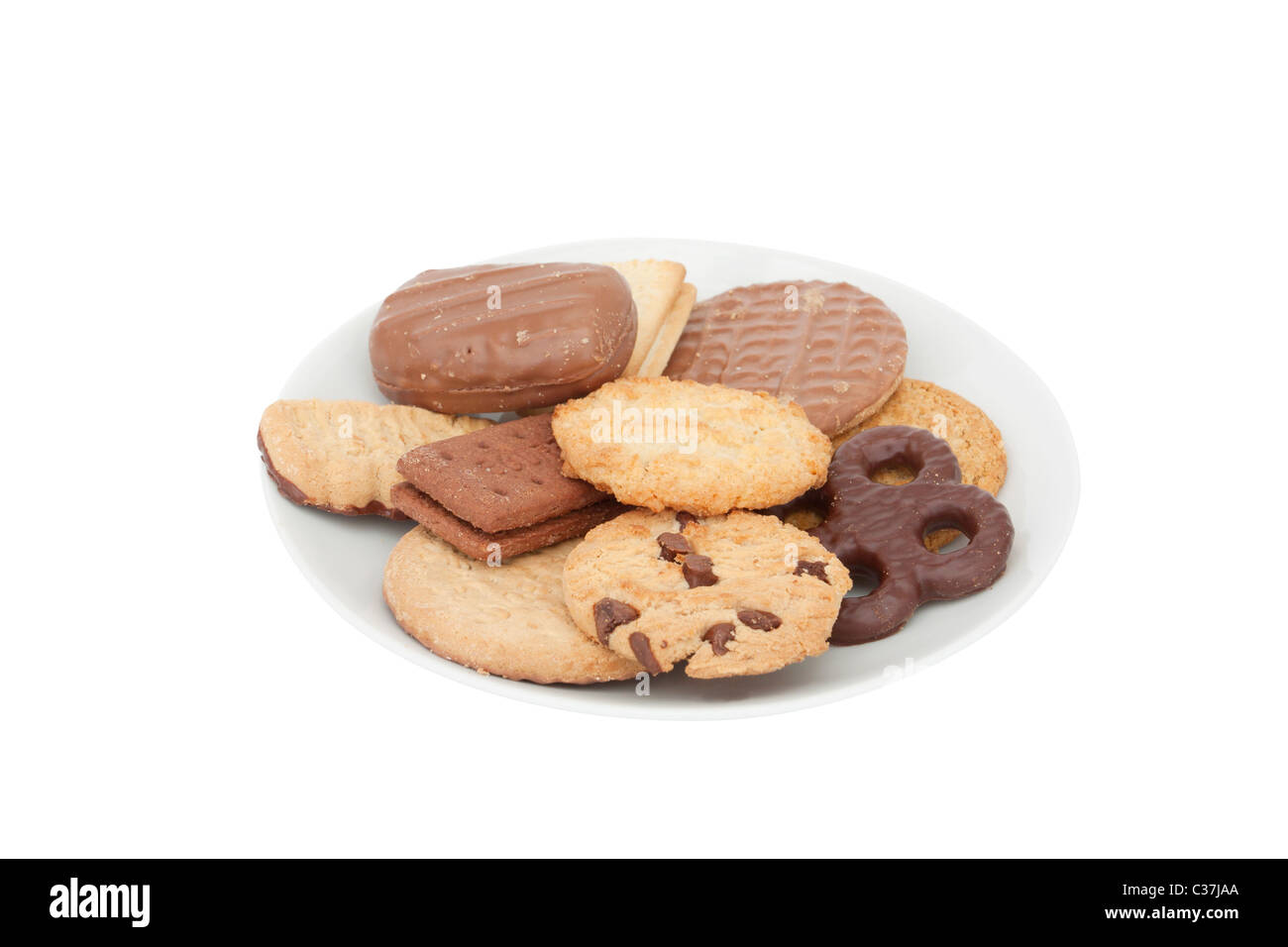 Différents types de biscuits sur une plaque sur un fond blanc Photo Stock -  Alamy