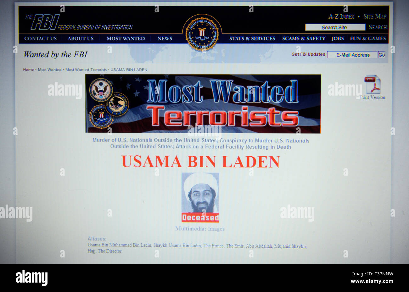 Le site web de Screengrab du FBI. Le bureau's Ten Most Wanted men. Montrant Oussama Ben Laden comme décédés Banque D'Images