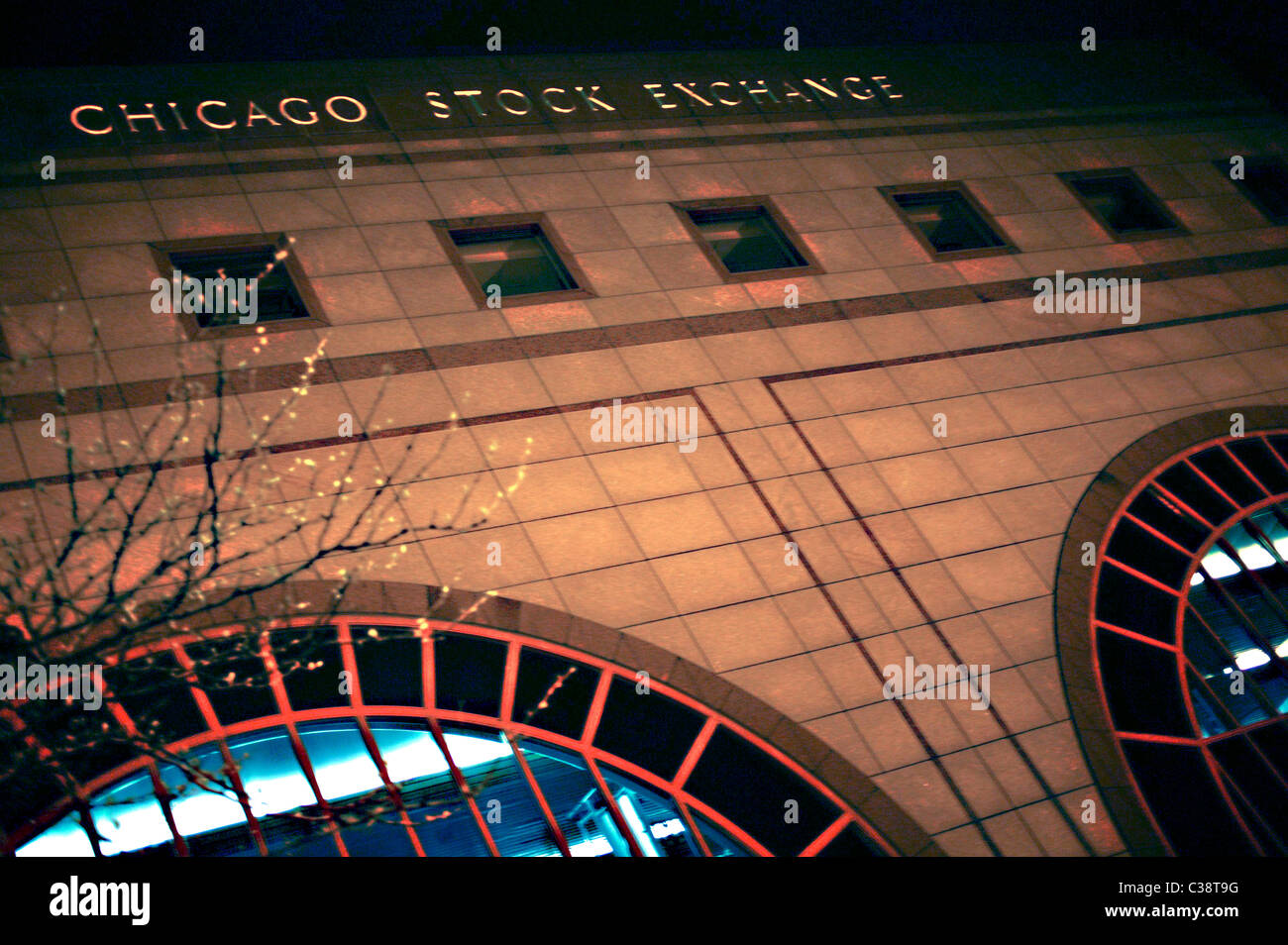 La Bourse de Chicago par nuit, Chicago, IL. Banque D'Images