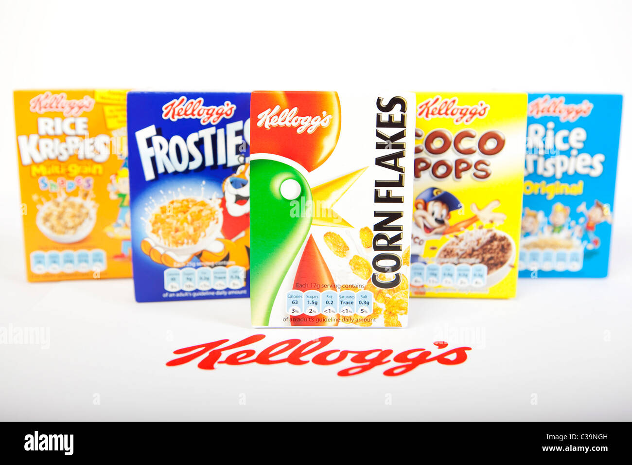 Une variété de céréales Kellogg's produits en boîte. Banque D'Images