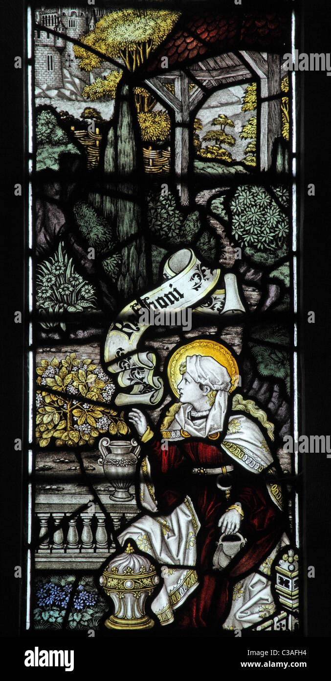 Un vitrail par le Kempe Studios, de l'église St Mary, Mucklestone, Staffordshire ; apparition à Marie de Magdala Banque D'Images