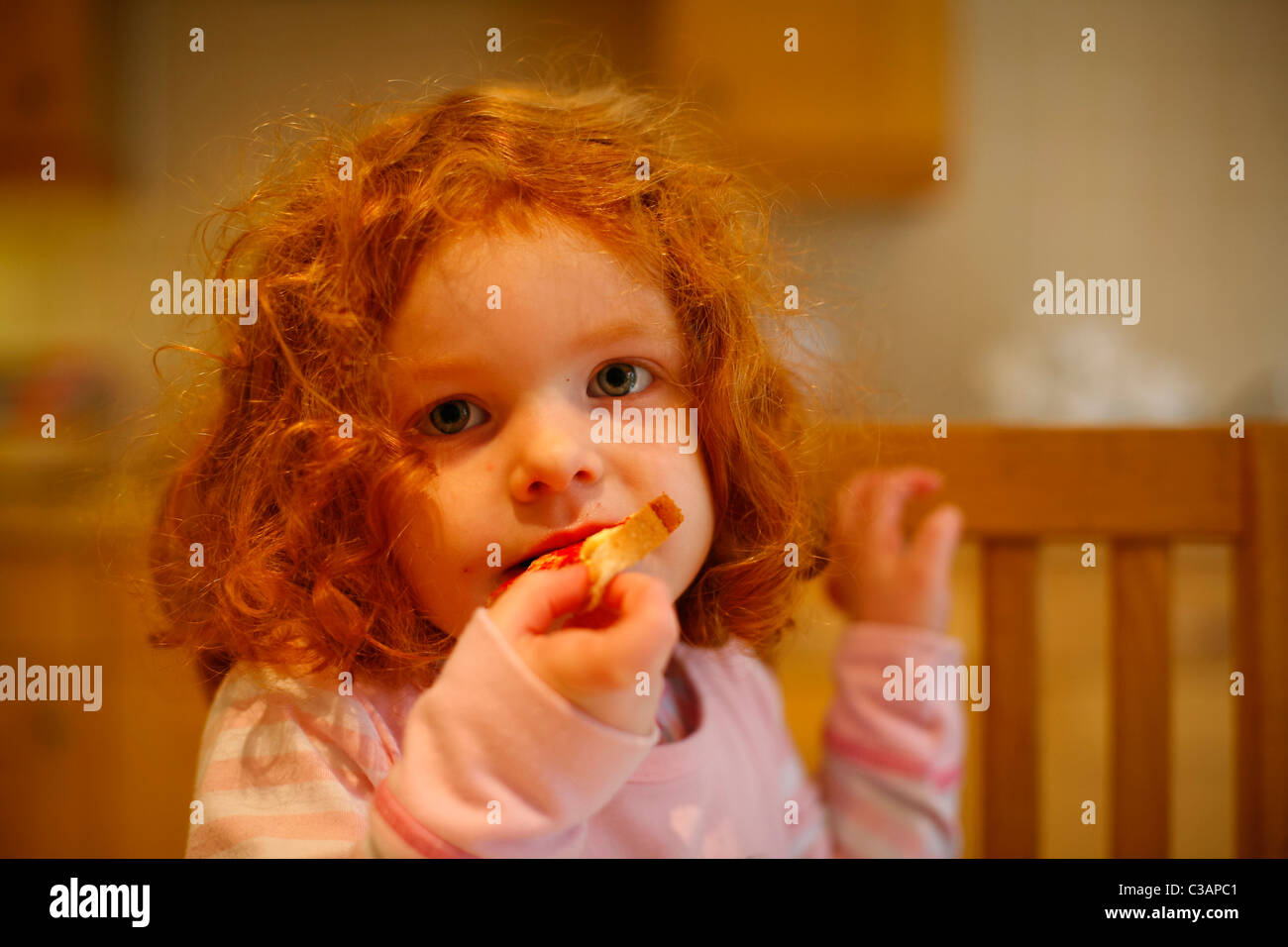 Une fillette de 4 ans avec des cheveux gingembre manger du pain grillé pour le petit-déjeuner dans une cuisine. Banque D'Images