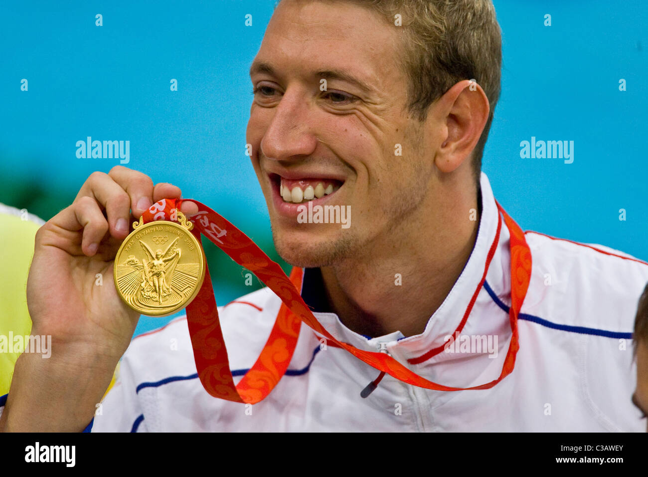 Alain Bernard (FRA) vainqueur du 100m nage libre aux Jeux Olympiques d'été 2008, Pékin, Chine Banque D'Images