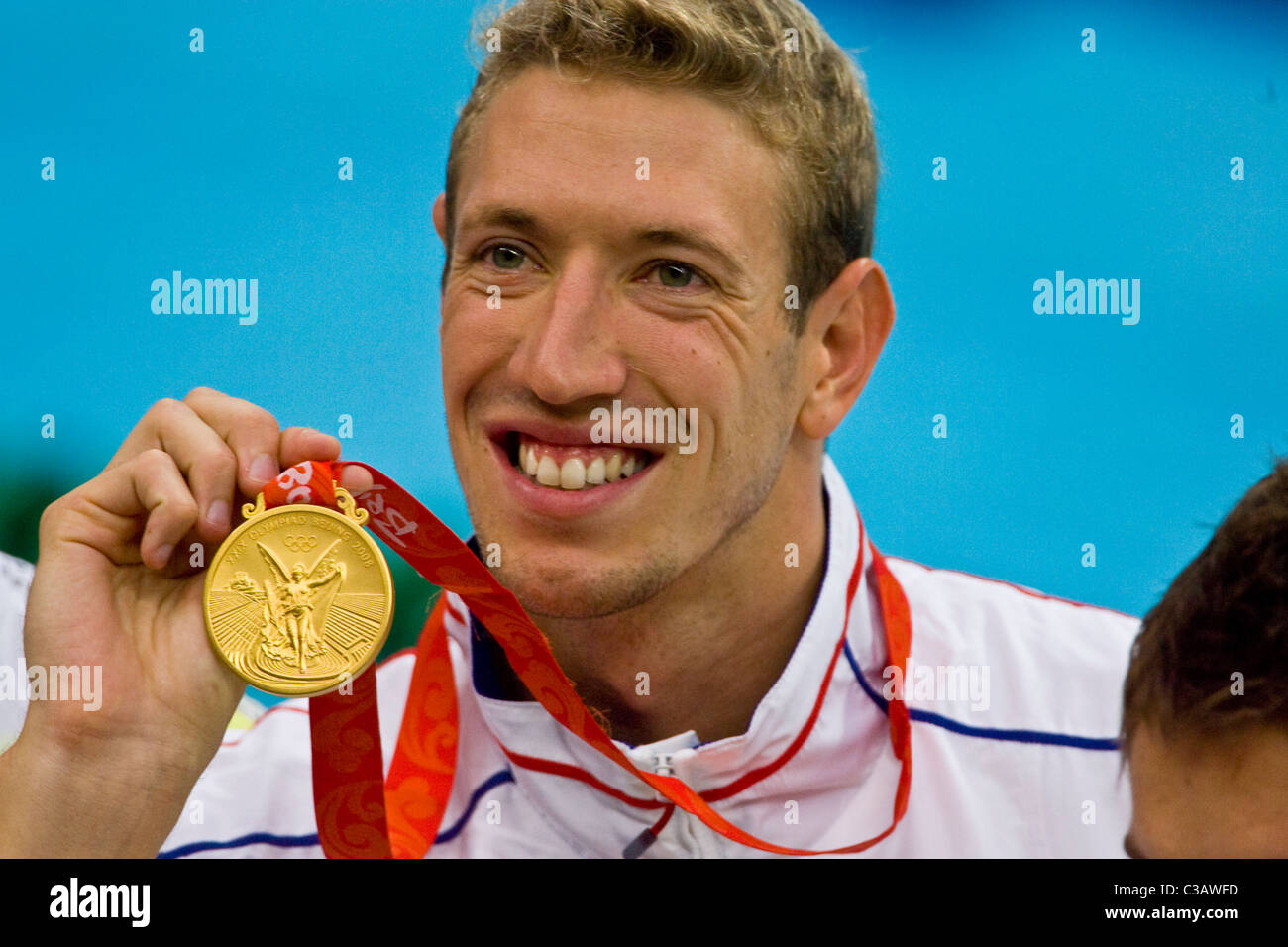 Alain Bernard (FRA) vainqueur du 100m nage libre aux Jeux Olympiques d'été 2008, Pékin, Chine Banque D'Images