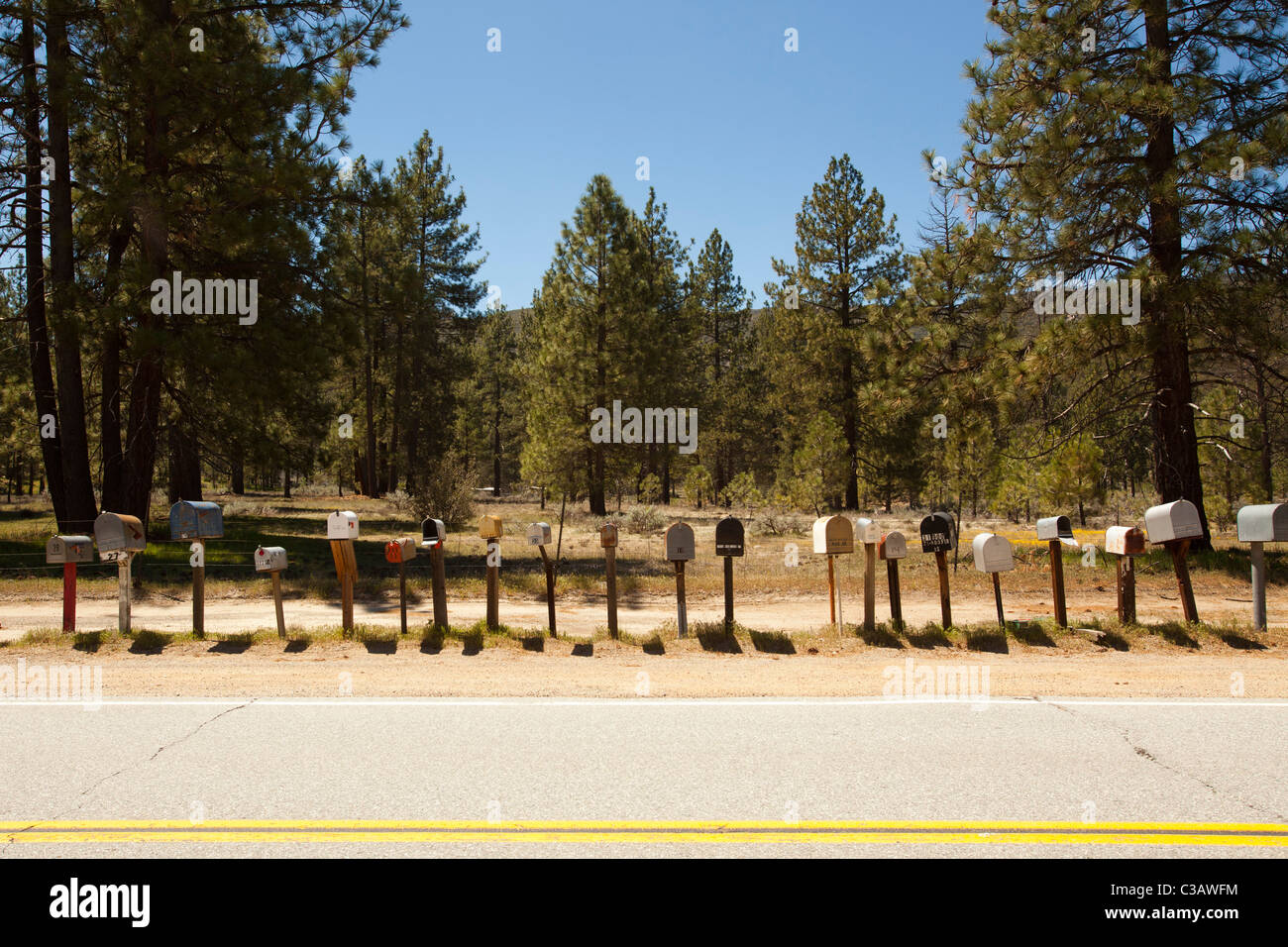 Une rangée de boîtes aux lettres dans le Garner Valley, près de Idyllwild, California, USA Banque D'Images