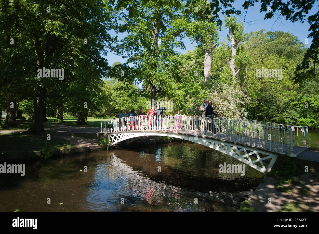 Fer forgé orné pont traverse la rivière Wandle à Morden Hall Park Banque D'Images