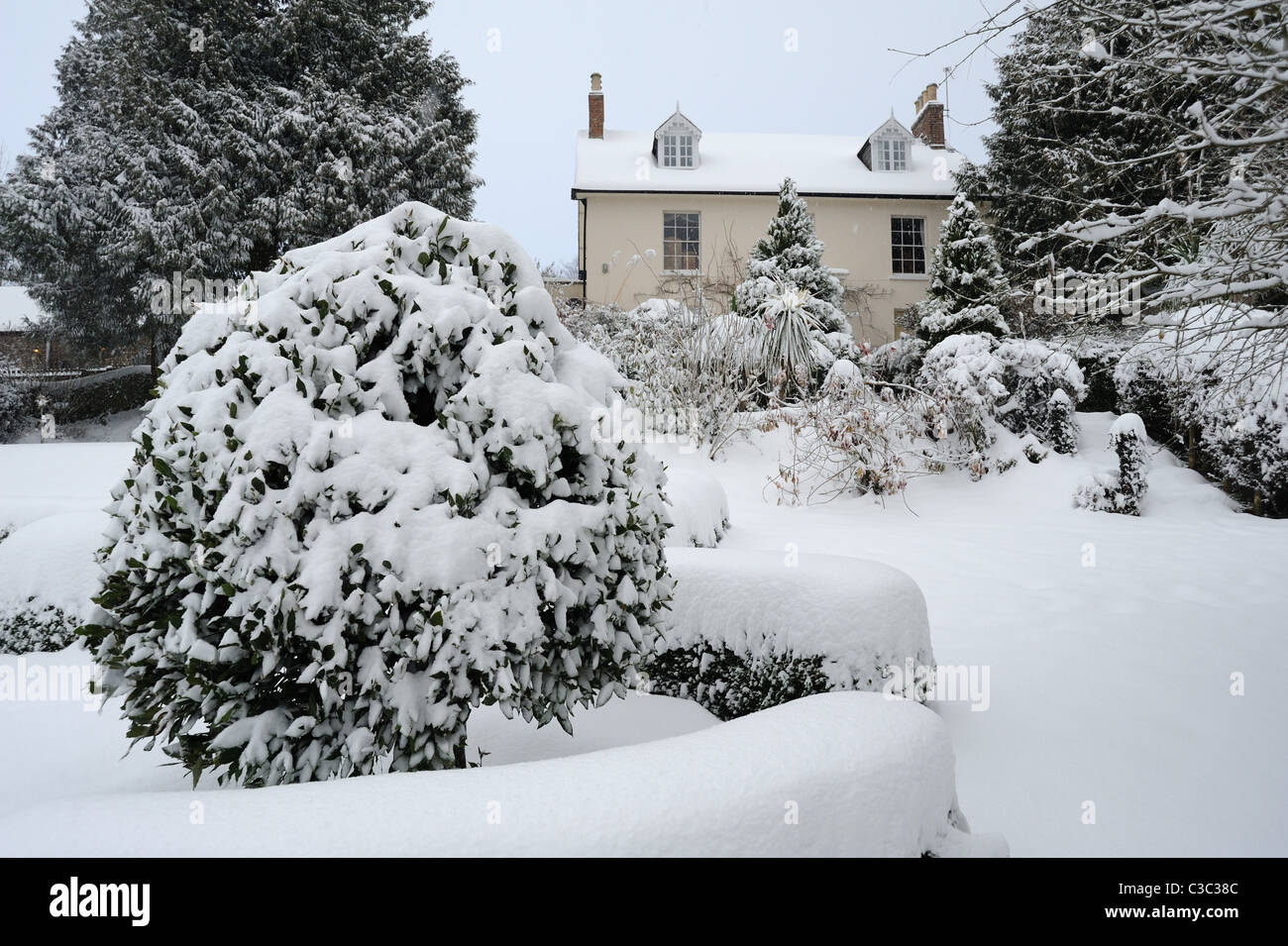 Maison de campagne et jardin couvert de neige sur un jour froid matin dans l'est du Devon Banque D'Images