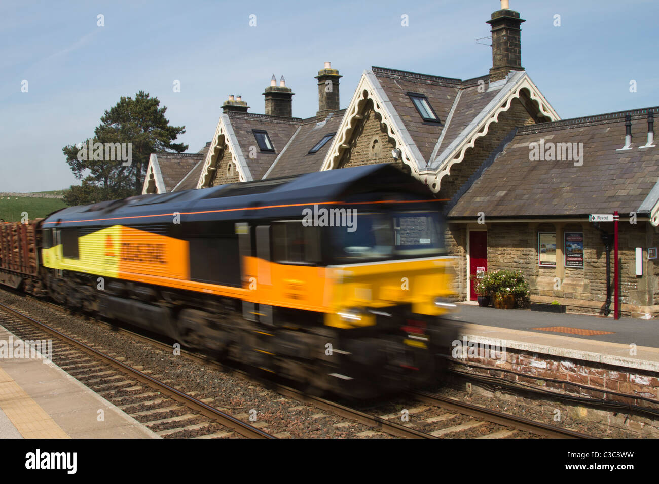 Go Les Trains de Colas Rail locomotive diesel Bois Transport à Tebay Gare, Kirkby Stephen, Cumbria, Royaume-Uni Banque D'Images