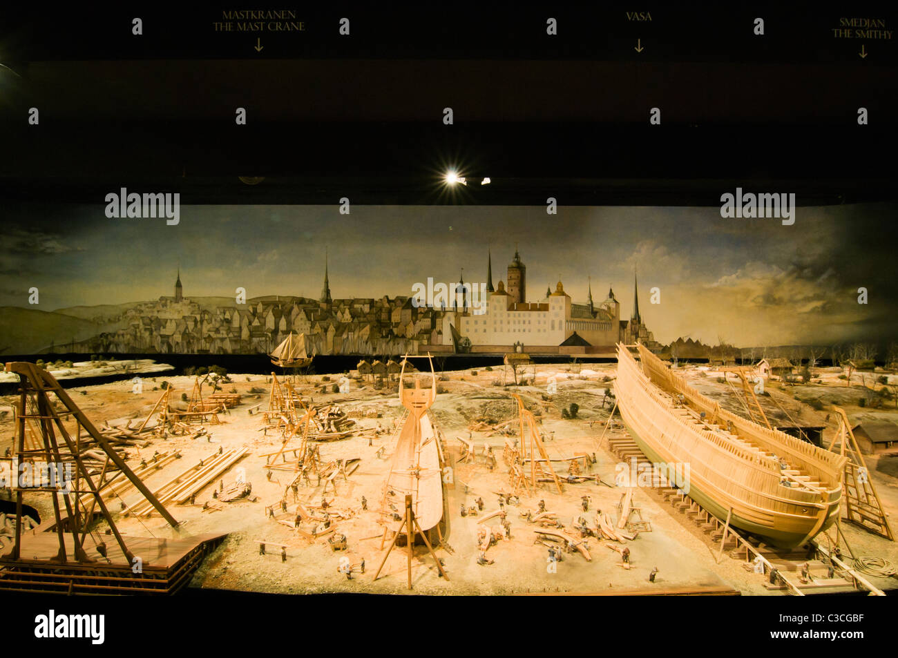 La peinture dans le musée Vasa sur Djurgården montrant la construction du Vasa-phare en 1628. Banque D'Images