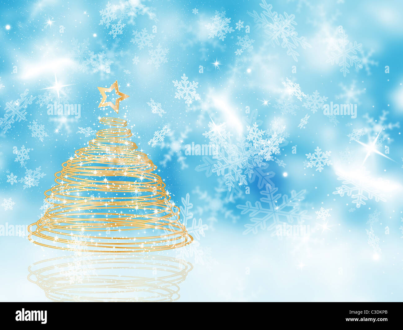 Arbre de Noël de la spirale d'or sur un fond flocon Banque D'Images