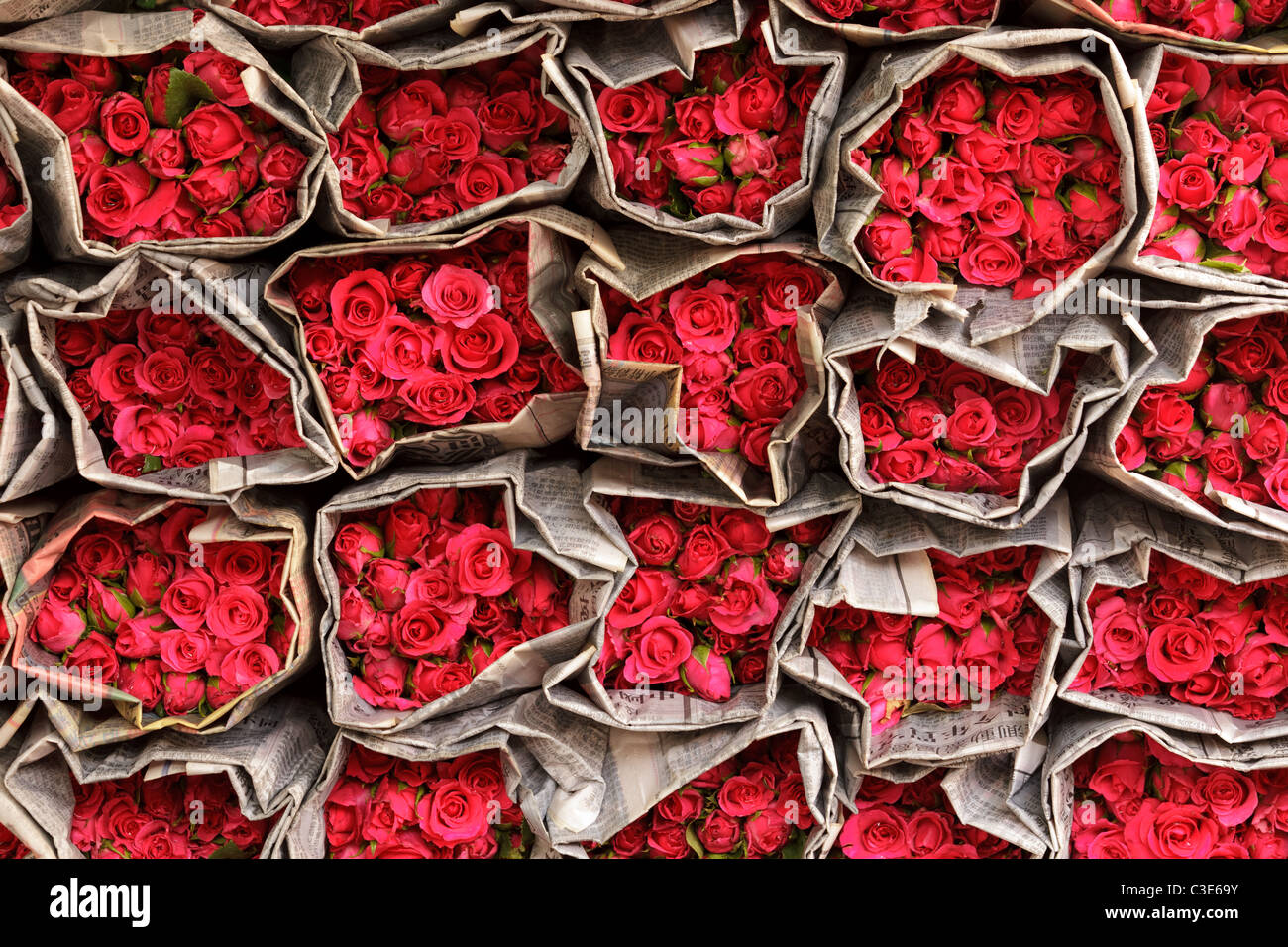 Roses rouges enveloppées dans du papier journal au marché aux fleurs de Bangkok Banque D'Images