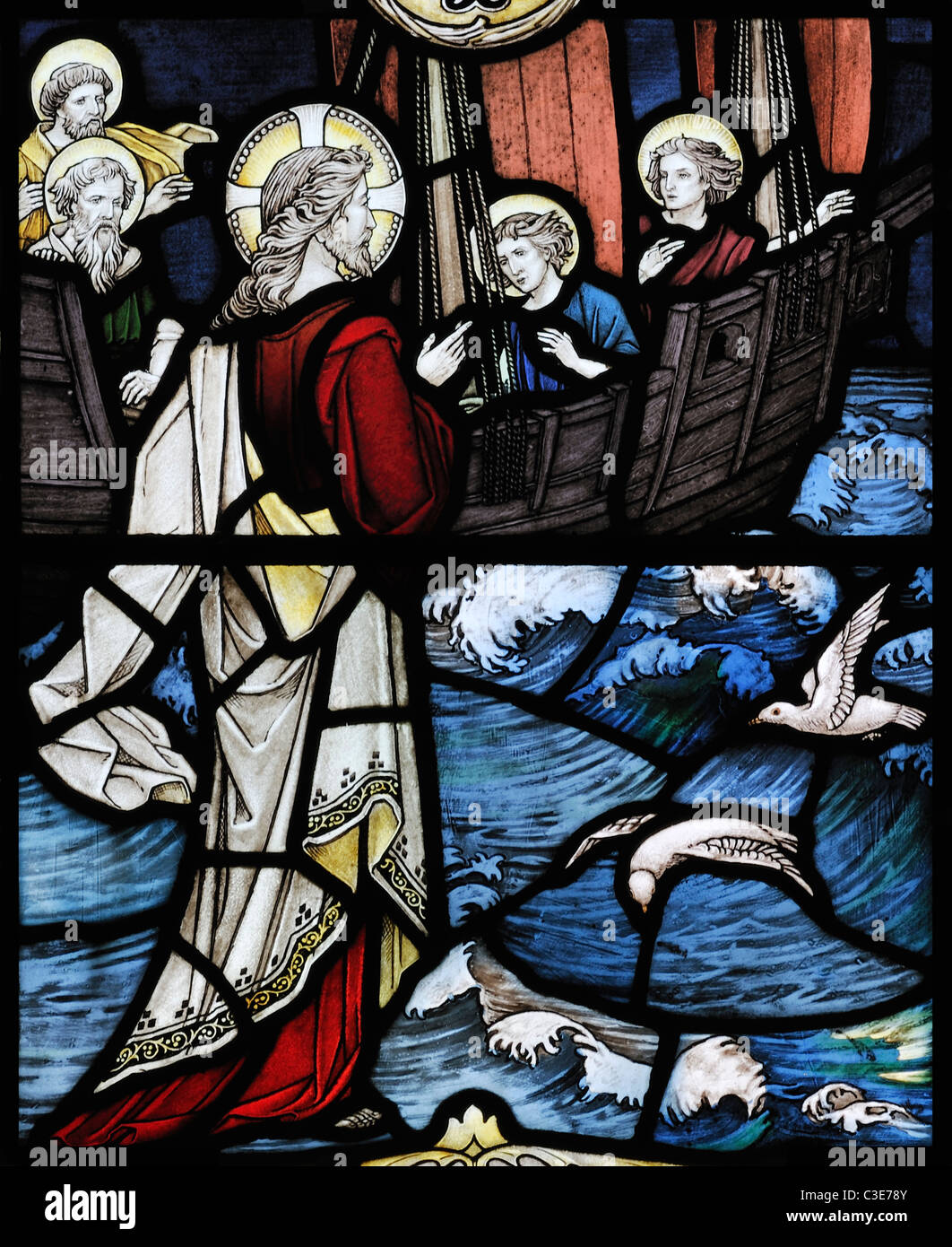 Vitrail représentant Jésus demande aux pêcheurs de devenir pêcheurs d'hommes, l'église Sainte-Marguerite, Claj, Norfolk, Angleterre Banque D'Images