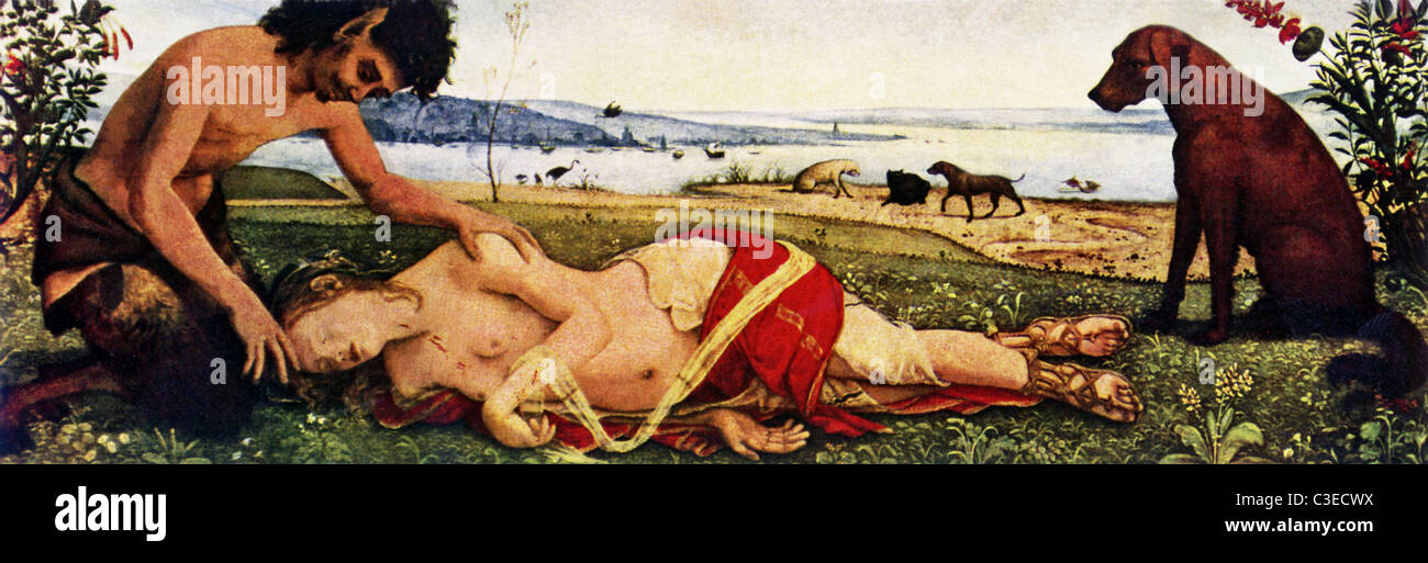 Ce tableau, intitulé La mort de Procris et aussi un sujet mythologique, est peintre de la Renaissance italienne par Pietro di Cosimo. Banque D'Images
