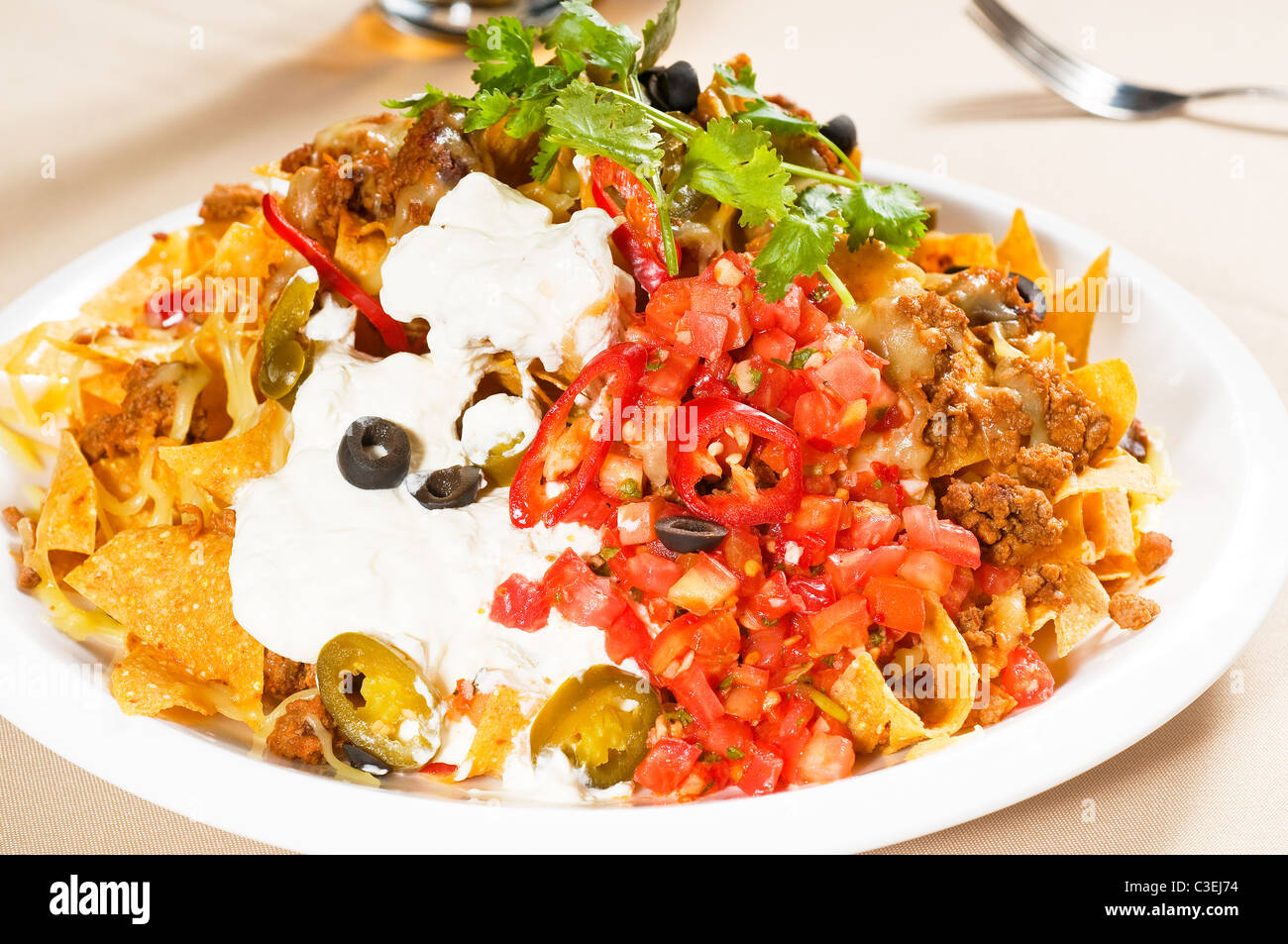 Nachos frais et une salade de légumes avec de la viande, du chili con carne, cuisine mexicaine typique Banque D'Images