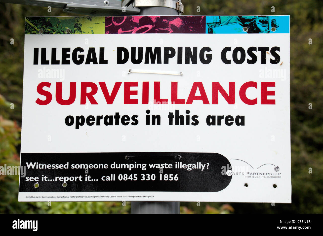 Un avertissement des signes britannique bennes fly qu'une zone est sous surveillance et que le dumping est illégale. Près de Wendover, UK. Banque D'Images