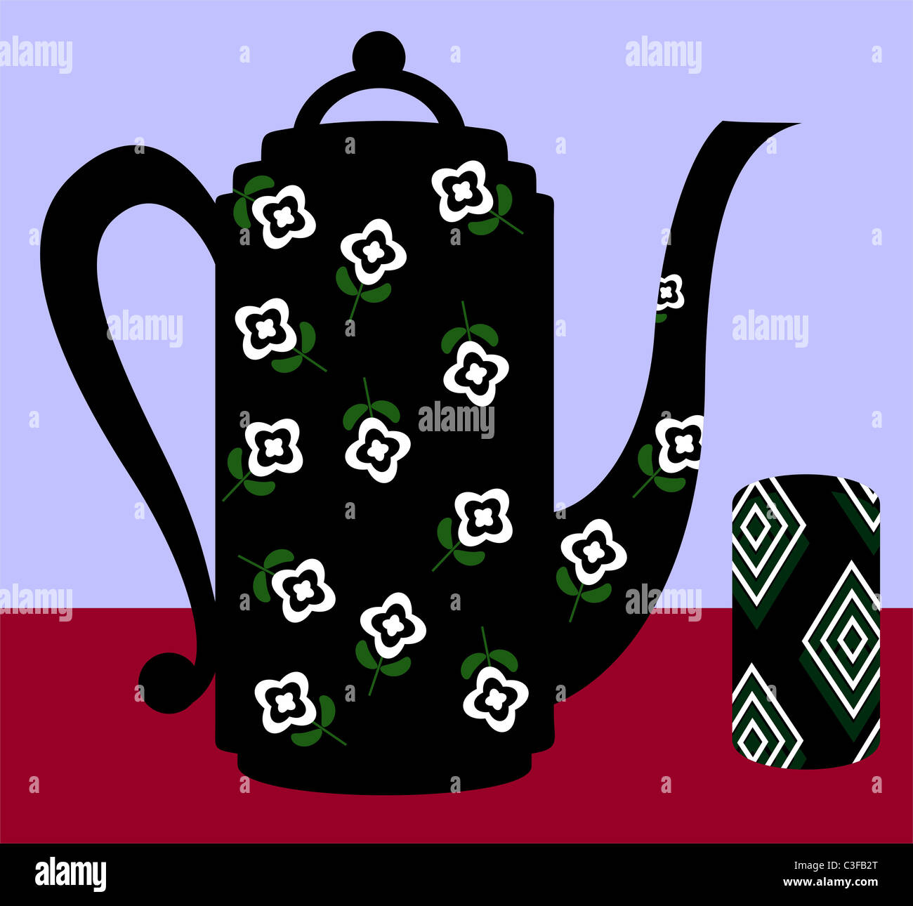 Illustration d'un pot de thé et flower design Banque D'Images