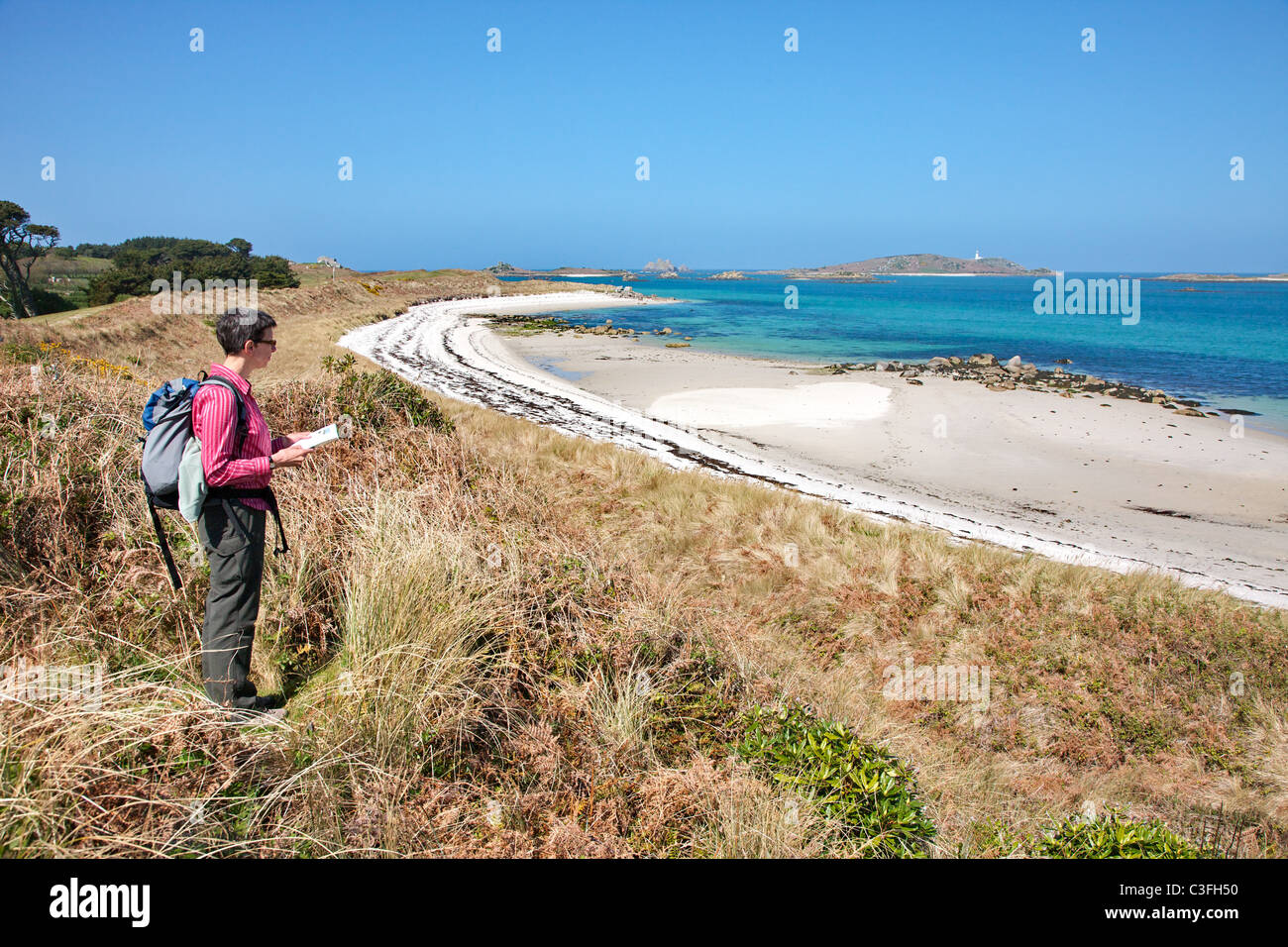 Femme avec walker la carte la recherche sur plage de quartz blanc à Pentle Bay sur Tresco dans les îles Scilly Banque D'Images