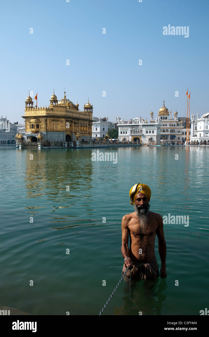 Un Sikh se baigner dans l'étang du Temple d'or d'Amritsar, en Inde. Banque D'Images