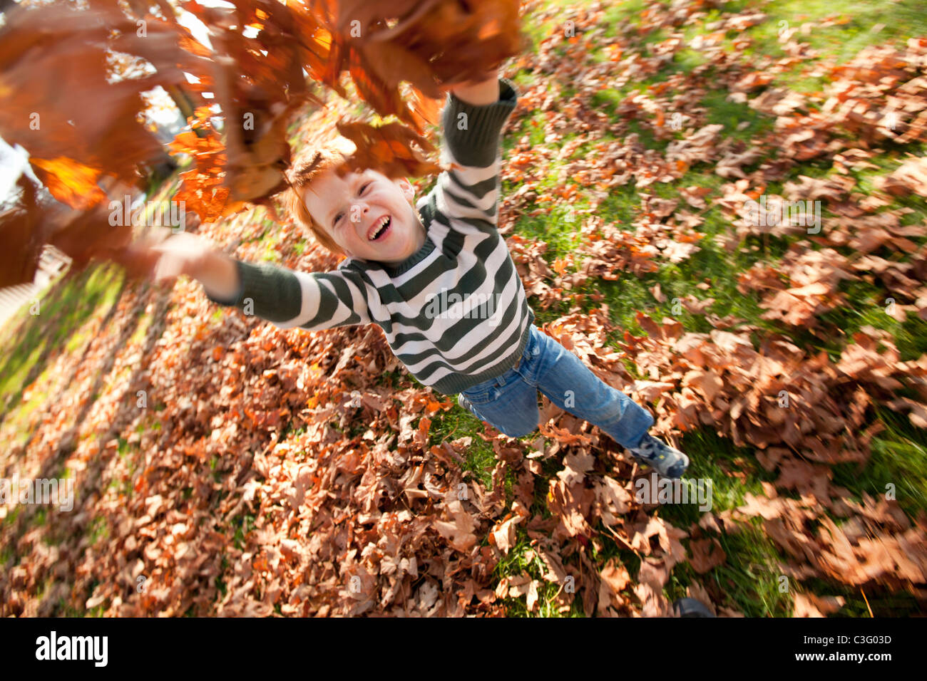 Woman throwing autumn leaves Banque D'Images