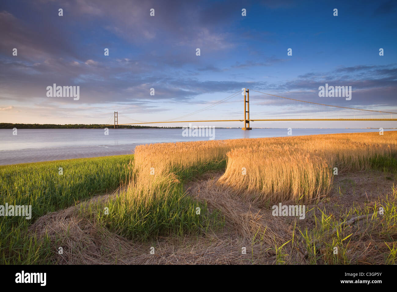 Le Humber Bridge entre Lincolnshire du Nord et de l'East Yorkshire, photographié à partir de la rive sud sur un soir de printemps Banque D'Images