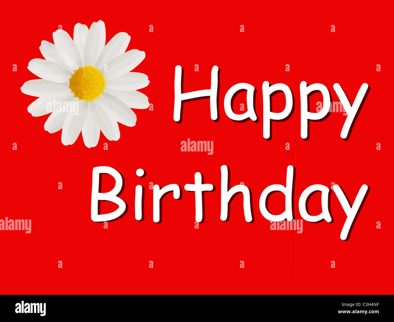 Joyeux anniversaire carte avec une marguerite sur fond rouge Banque D'Images