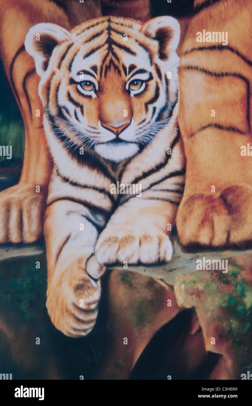 Tiger Cub - peinture à l'huile Banque D'Images