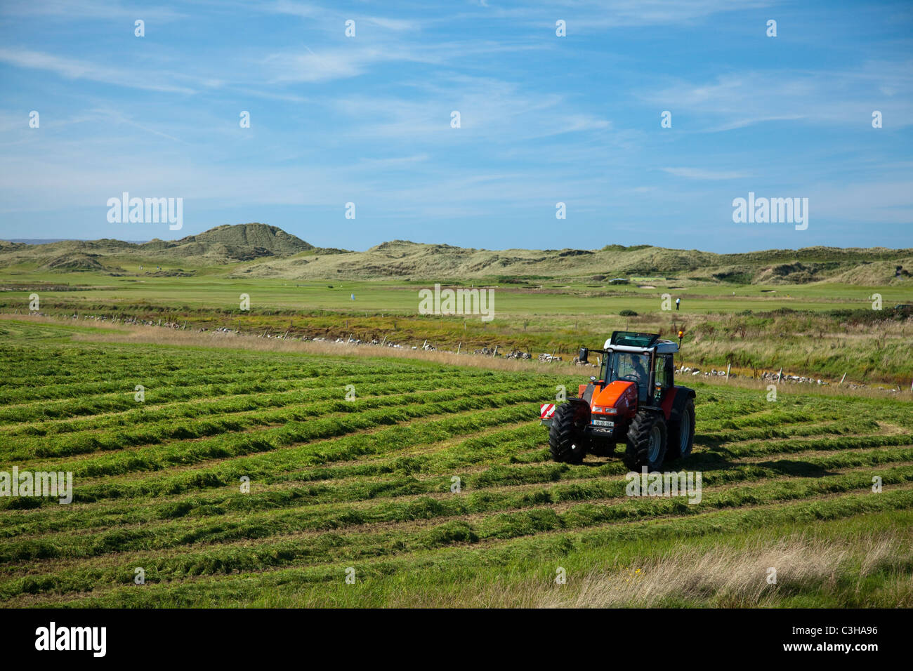 Le tracteur dans un champ d'ensilage coupe, Enniscrone, Comté de Sligo, Irlande. Banque D'Images