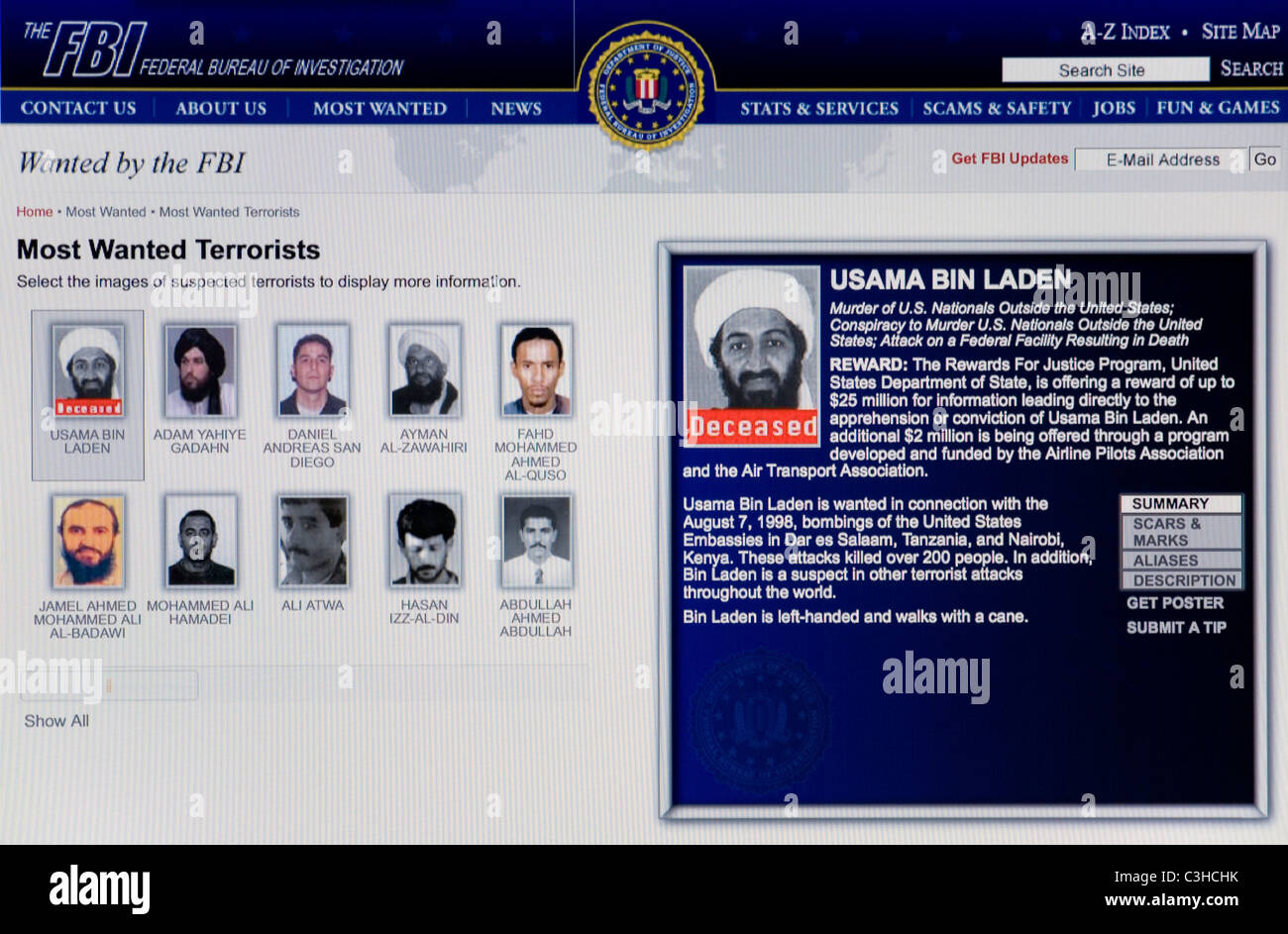 La page web du FBI, montrant Oussama Ben Laden défunt Banque D'Images