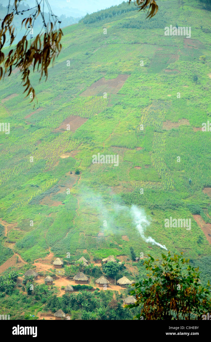 Mosaïque de terres cultivées dans la région de Highlands d'easternDemocratic la République du Congo, janvier 2011. Huttes avec le feu dans la vallée Banque D'Images