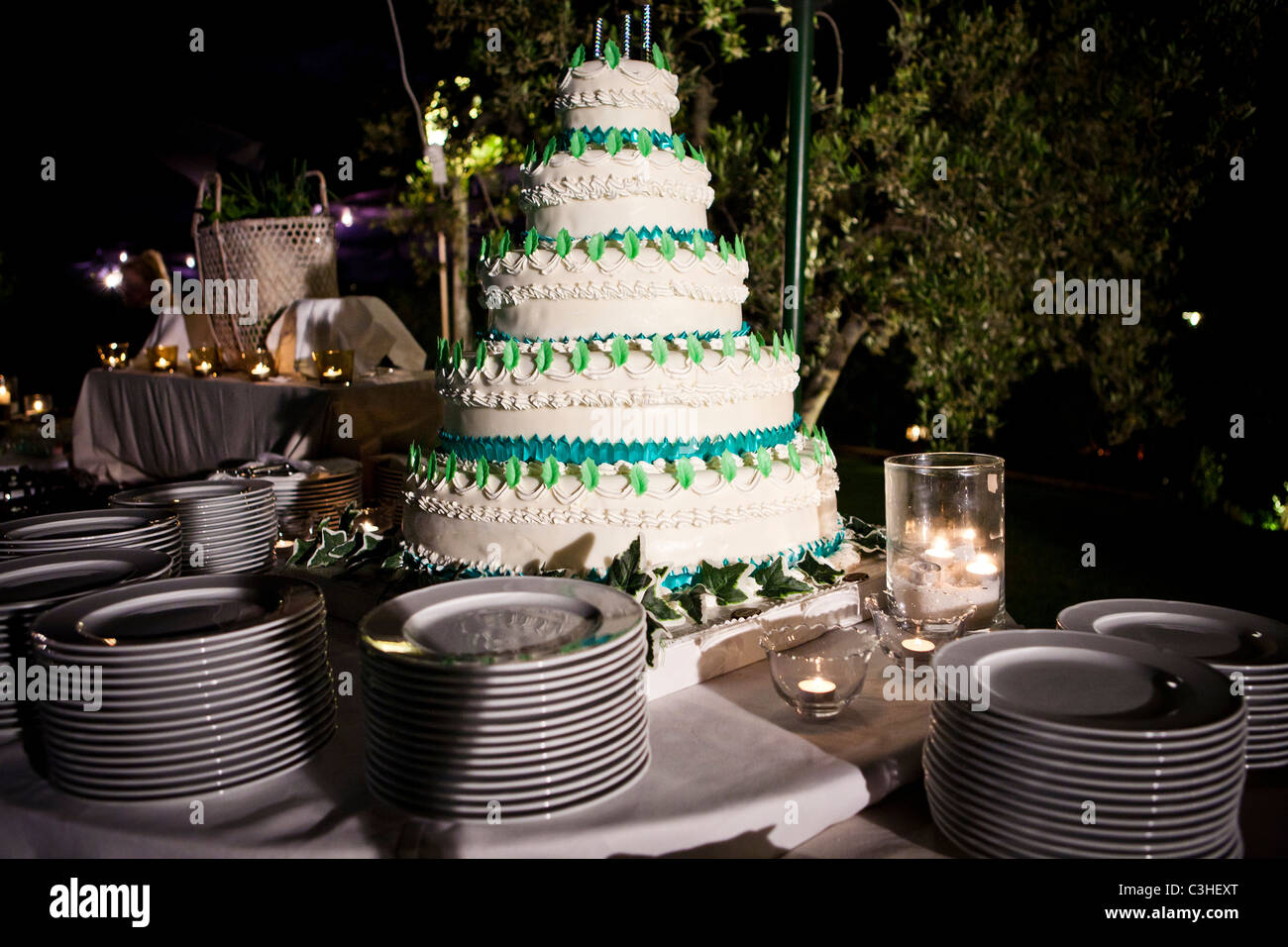 Grand gâteau de mariage blanc et vert at wedding reception Banque D'Images