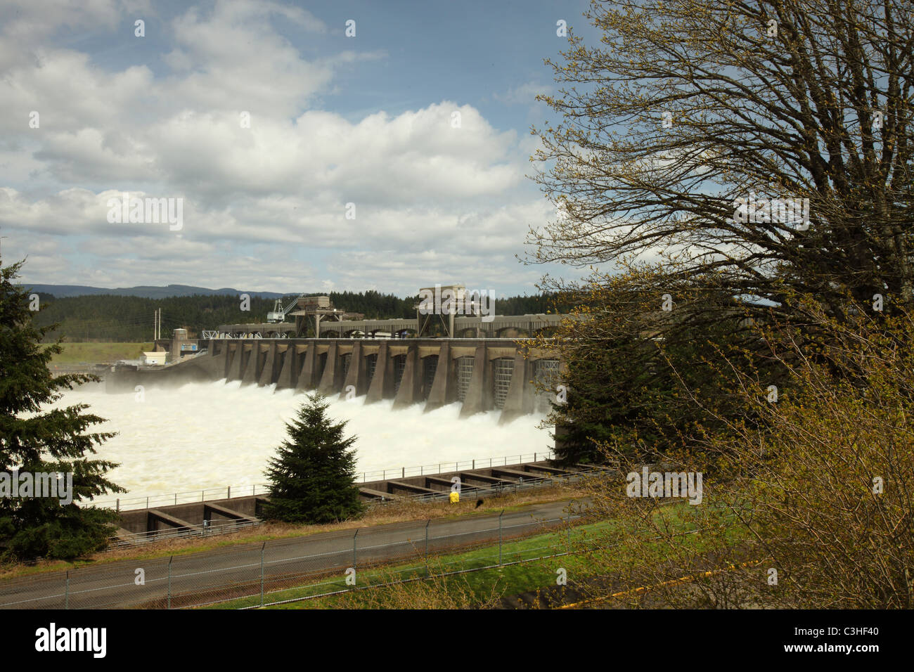 Vue de l'évacuateur à la Bonneville barrage sur le fleuve Columbia. Banque D'Images