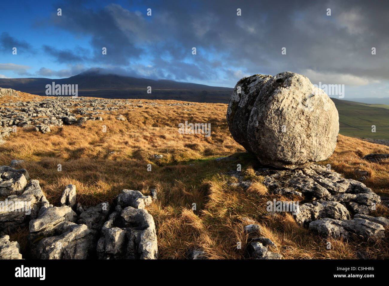 Un seul bloc erratique siège sur le lapiez de cicatrice plus Twistleton Ingleton dans le Yorkshire Dales de l'Angleterre Banque D'Images