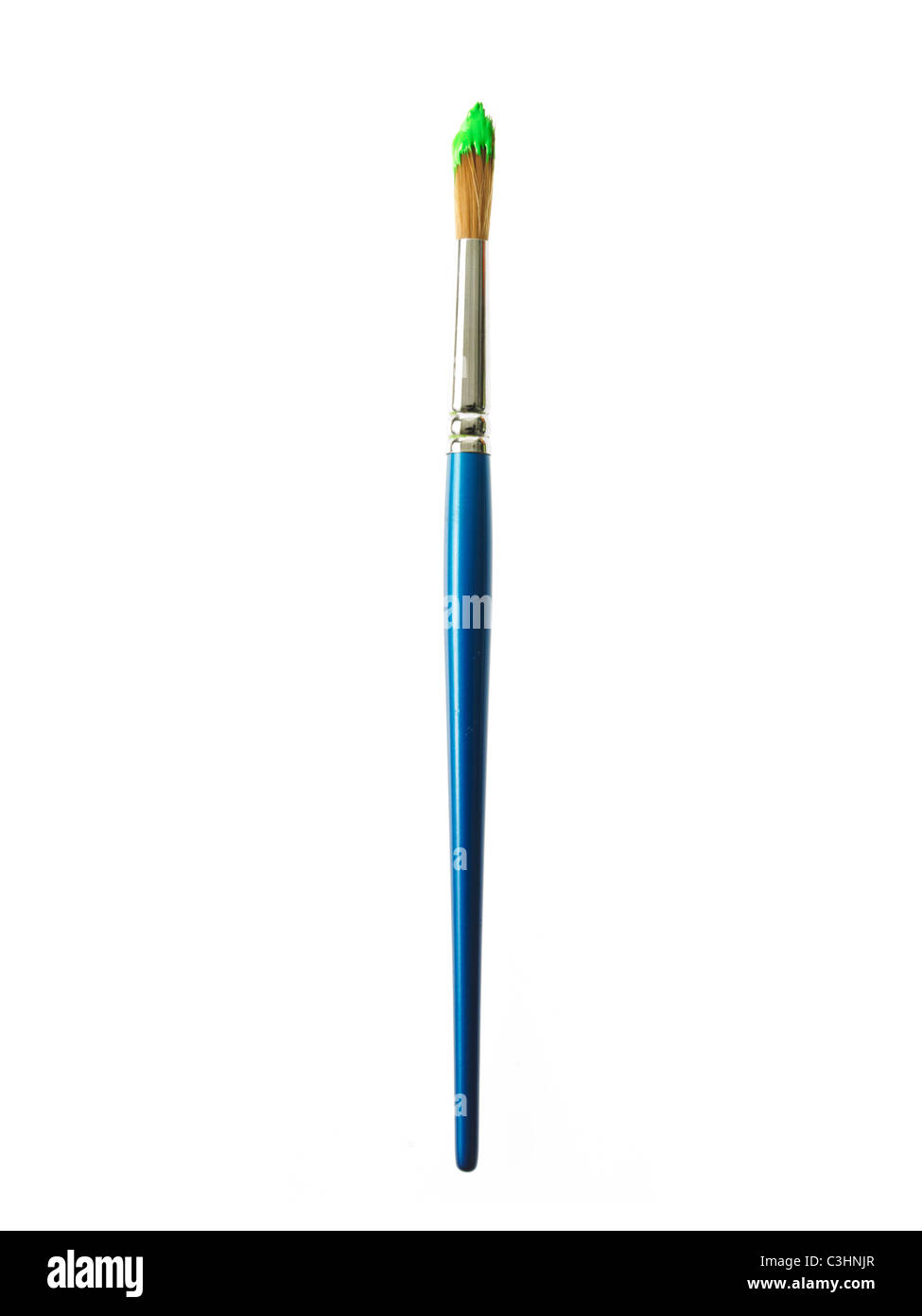 Pinceau bleu avec peinture verte sur fond blanc Banque D'Images