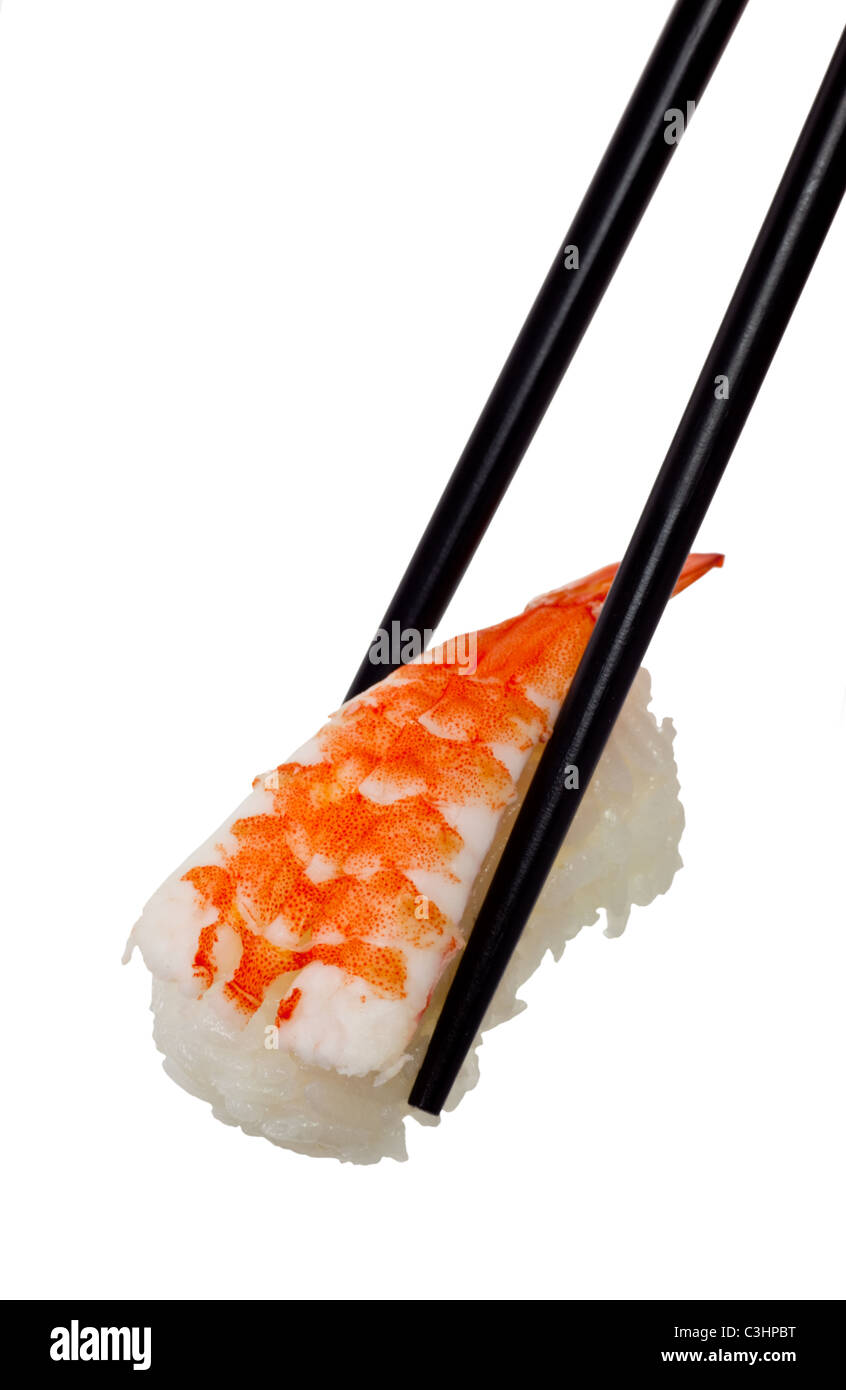Ebi Nigiri sushi baguettes holding isolé sur fond blanc Banque D'Images