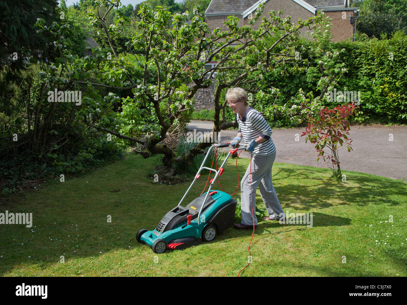 Femme plus âgée la pelouse avec une tondeuse électrique UK Banque D'Images