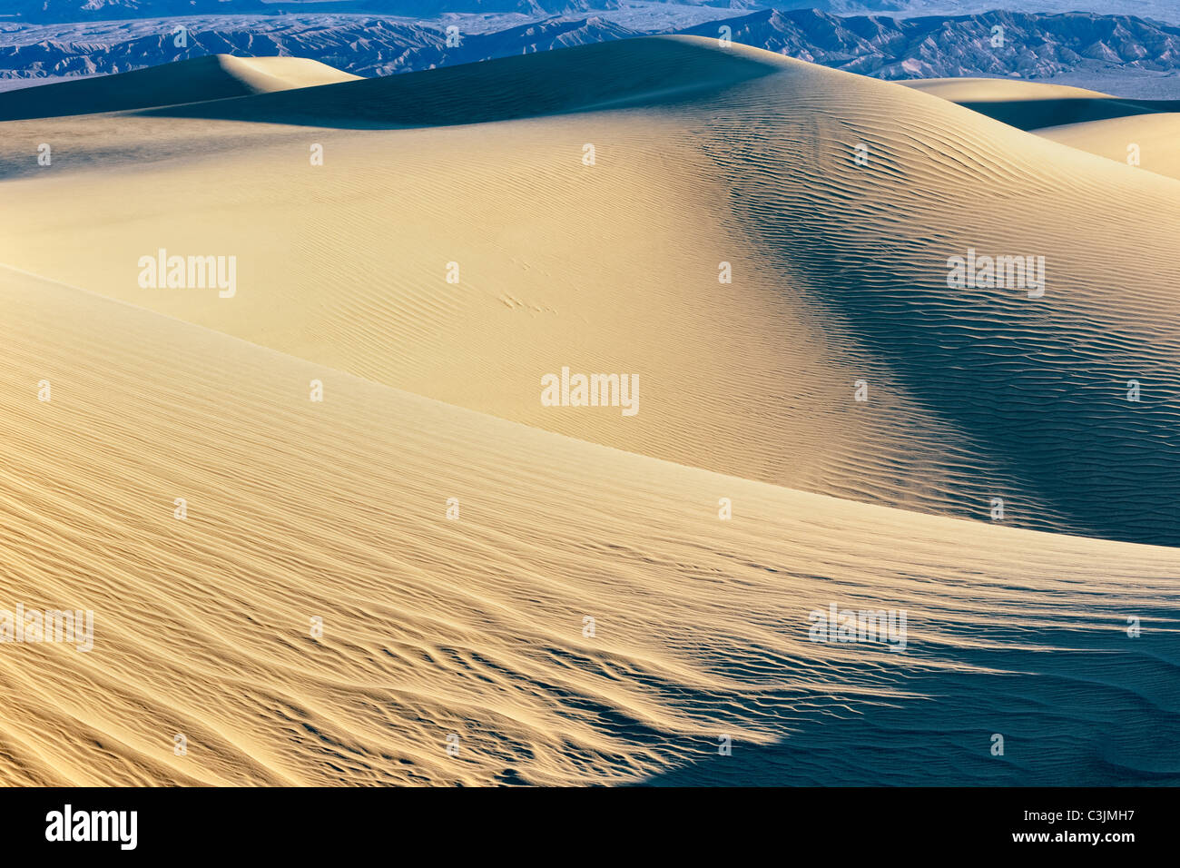 Les modèles de ombres et la première lumière sur le mesquite Dunes in California's Death Valley National Park. Banque D'Images